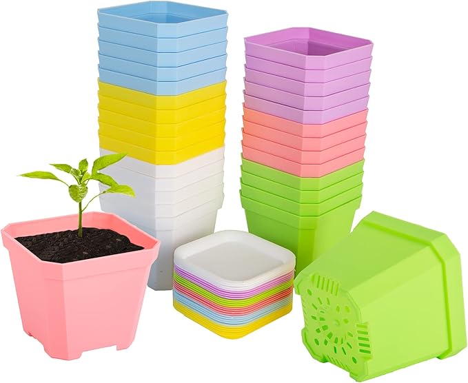 foxany 4" Nursery Pot, 30 Pcs Thick Plastic Square Planting Pots, Plant Seedling Pots, Seed Starting Pots with 30 Saucers - Multi