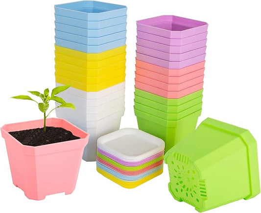 foxany 4" Nursery Pot, 30 Pcs Thick Plastic Square Planting Pots, Plant Seedling Pots, Seed Starting Pots with 30 Saucers - Multi