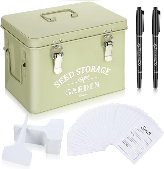 Maitys Seed Storage Container Box with Lid Garden Seed Packet Storage Organizer Decorative with Dividers and 100 Plant Labels 50 Seeding Envelopes 2 Marker Pens(Classic,8.7 x 5.9 x 6.3)