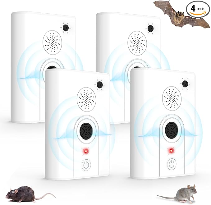 4Pack Upgraded Bat Repellent Deterrent Devices for Attic, Ultrasonic Bat Repellent for Indoor Use, Plug in Bat Deterrent System Bats Keep Away for Home, Friendly to Pet & Human