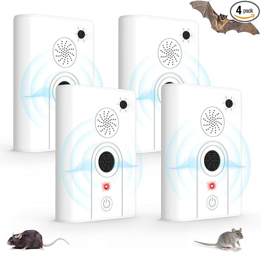 4Pack Upgraded Bat Repellent Deterrent Devices for Attic, Ultrasonic Bat Repellent for Indoor Use, Plug in Bat Deterrent System Bats Keep Away for Home, Friendly to Pet & Human