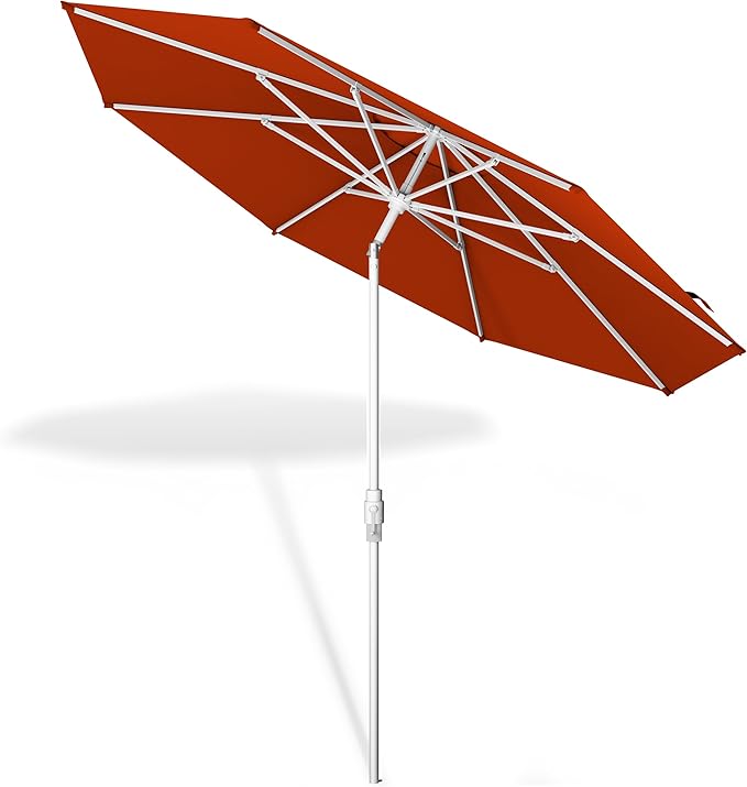 Midtown Umbrellas The Swilt 8 Feet Patio Umbrella in Terylast Apple (Red) Polyester Fabric - Fiberglass Ribs, Auto-Tilt Aluminum Frame For Backyard, Deck, Garden, Pool - White Pole
