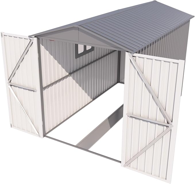 Motorcycle Steel Storage Shed with Window & Tracks,Outdoor Weather-Resistant Storage Box for Bikes, Tools, Sports Equipment,Easy Assembly, 121" W Gray+White
