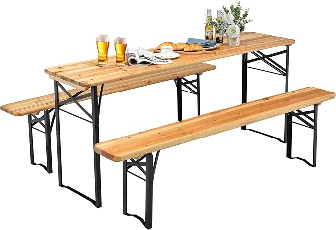 NAFORT 6FT Picnic Table Set, 3-Piece Folding Beer Table & Bench, Portable Wooden Picnic Tables for Outdoors Dining Table Set w/Metal Frame for Patio Garden