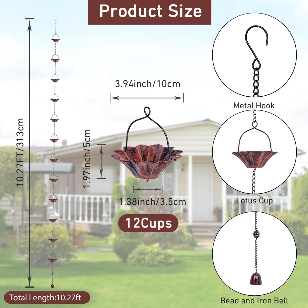 10FT Lotus Rain Chain, Rain Chains for Gutters with 12 Cups, Adjustable Rain Catcher Chain with Bell for Eaves Drainage, Replacement for Downspout
