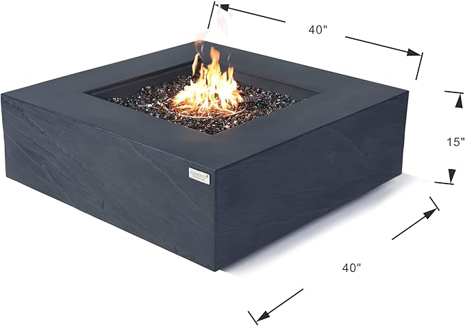 Elementi+ | Roraima Gas Fire Pit Cast Concrete 40" Square Fire Table, Outdoor Fire Pit Electronic Ignition | Canvas Cover, Fire Glass and Burner Lid Included | Dark Gray | Natural Gas