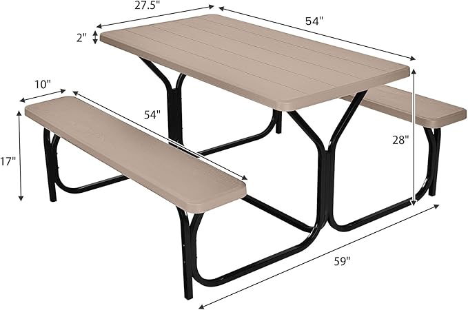 Moccha Picnic Table Bench Set, Portable Plastic Picnic Table w/Steel Frame & Wood-Like Texture, All Weather Heavy Duty Picnic Table Kit, Picnic Tables for Outdoors Garden Patio Dining (Light Brown)