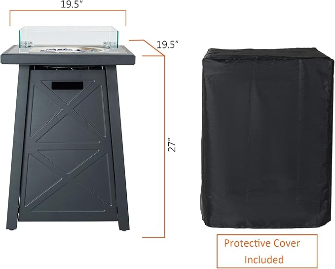 19.5 Inch Steel Fire Table, 40,000 BTU Outdoor Gas Fire Pit, Modern Pattern Patio Column Propane Fire Pit w/Glass Rocks, Cover, Lid, Glass Wind Guard