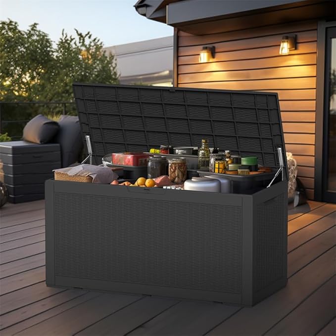ROJIK Outdoor Storage Housing Deck Box - Waterproof Patio Furniture, Garden Tools, Cushions, Pool Accessories Storage Bench with Lockable Lid and Side Handles (Black 100 Gal)