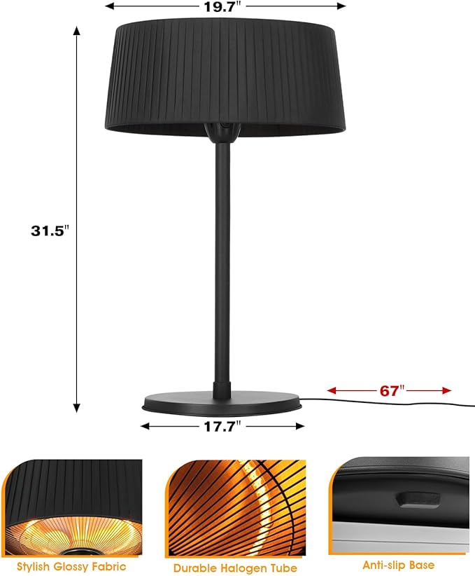 Electric Infrared Patio Heater, Indoor & Outdoor 1500W Electric Tabletop Heater with IP55 Waterproof, Tip-Over Protection, Quiet Operation, Perfect for Garden, Balcony, Garage, Backyard