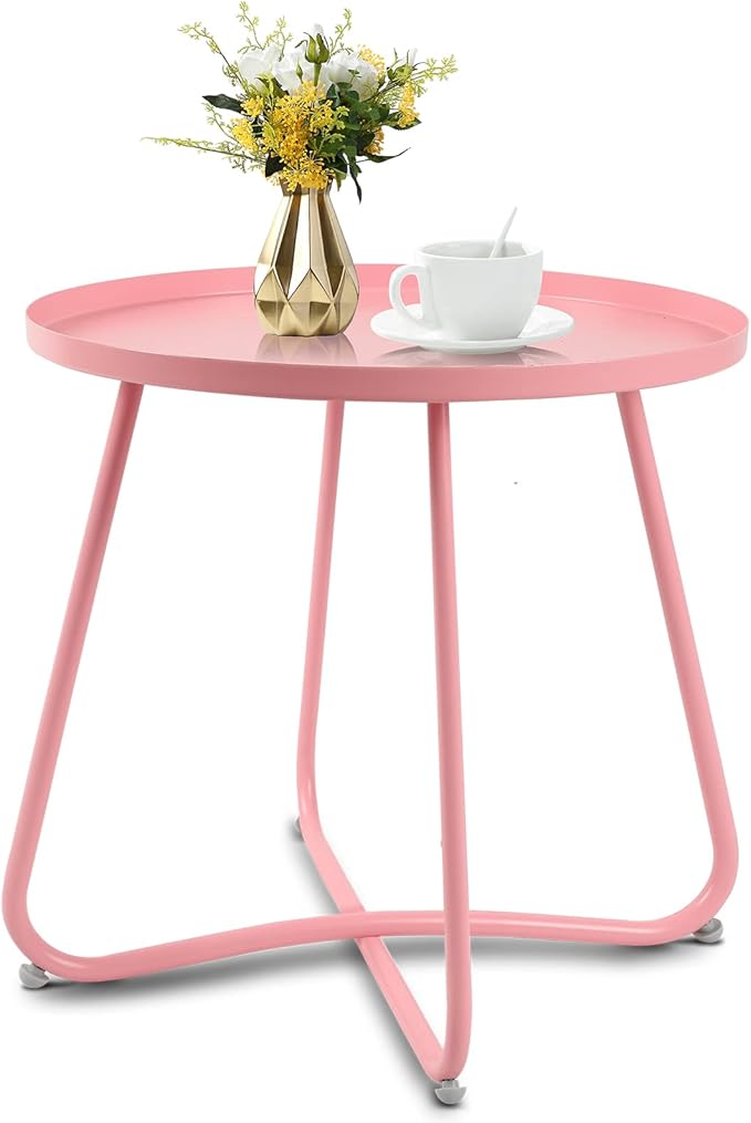 Babion Pink Round Side Table for Outdoor Patio, Yard, Garden, and Indoor Use - Small Steel Accent End Table