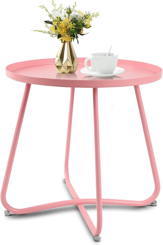 Babion Pink Round Side Table for Outdoor Patio, Yard, Garden, and Indoor Use - Small Steel Accent End Table