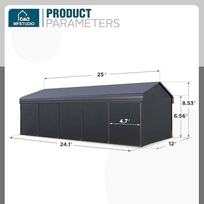 MFSTUDIO Carport 12x25 ft, Outdoor Heavy Duty Carports with Sidewalls, Metal Shed Canopy Shelters Garage Shelter Shade Car Ports with Galvanized Roof for Cars, Truck and Boats ﻿