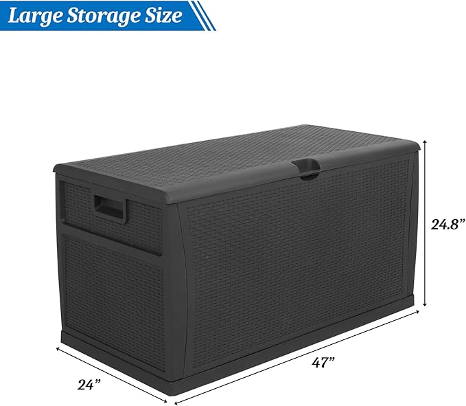 VINGLI Upgraded 120 Gallon Outdoor Storage Box, Lockable Plastic Storage Containers with Lid, Rattan Grain Surface Deck Box Patio Furniture for Garden, Pool, Balcony, Yard (Black)