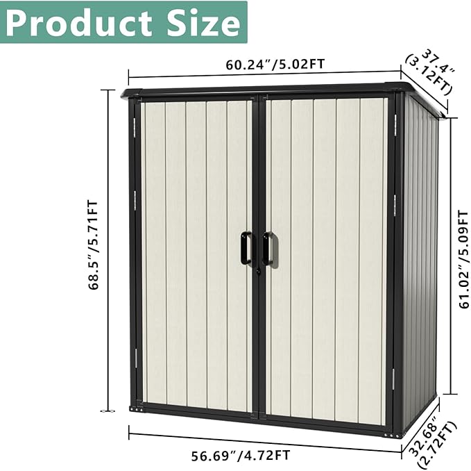 Aoxun Outdoor Storage Shed 5 x 3FT, Resin Shed with Floor and Lockable Door, Plastic Shed for Bike, Garbage Can, Tool, Accessories, Lawn, Garden - Beige