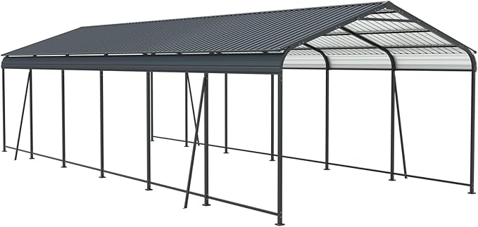 12x32 FT Metal Carport, Heavy Duty Car Port Canopy with Galvanized Steel Roof & Frame, Oversized Metal Carport Kit, Outdoor 2 Car Garage, Steel Car Shelter for Car, Boat, Truck, Charcoal