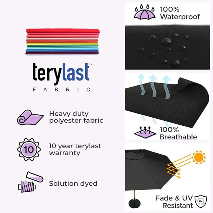 Midtown Umbrellas The Swilt 9 Feet Patio Umbrella in Terylast Ebony (Black) Polyester Fabric - Fiberglass Ribs, Auto-Tilt Aluminum Frame For Backyard, Deck, Garden, Pool - White Pole