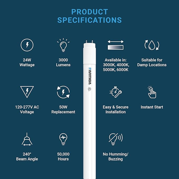 PARMIDA 20-Pack 4FT LED T8 Ballast Bypass Type B Light Tube, 24W, UL-Listed for Single-Ended & Dual-Ended Connection, 3000lm, Frosted Lens, T8 T10 T12, UL - 4000K