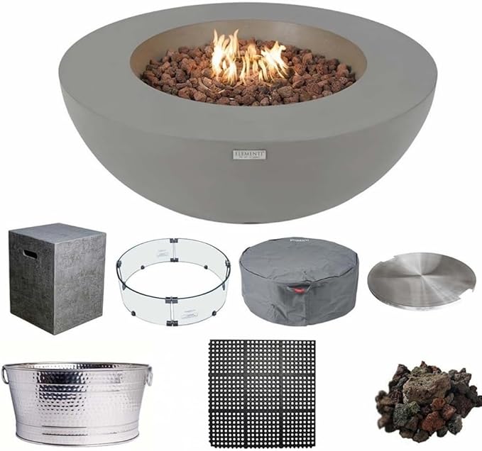 Elementi Lunar Bowl Fire Pit Bundle Outdoor Includes 42” Propane Concrete Firepit, Glass Windscreen, Stainless Steel Cover, Tank & Canvas Cover, Floor Mat and Beverage Tub