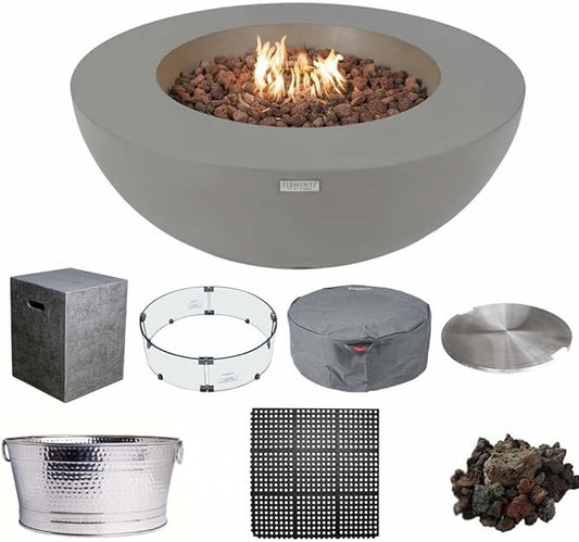 Elementi Lunar Bowl Fire Pit Bundle Outdoor Includes 42” Propane Concrete Firepit, Glass Windscreen, Stainless Steel Cover, Tank & Canvas Cover, Floor Mat and Beverage Tub