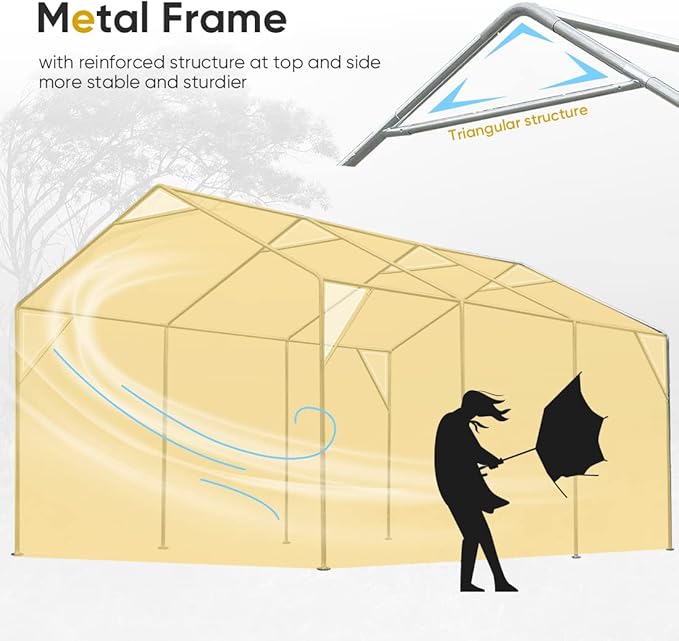 ADVANCE OUTDOOR 12x20 ft Car Canopy Garage Heavy Duty Carport Boat Shelter Party Tent, Adjustable Peak Height from 9.5ft to 11ft, with Removable Window Sidewalls and Doors, Beige