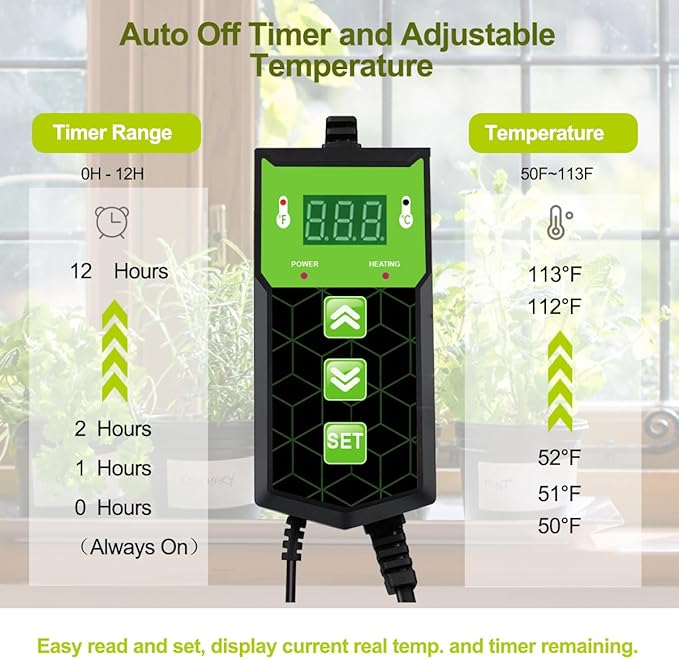 Seedling Heat Mat 10X20.75`` with Thermostat Durable Waterproof Warm Hydroponic Plant Heating Pad with Temperature Control Auto Off Timer for Seed Starting Germination Plant Propagation (1 Heat Pad)