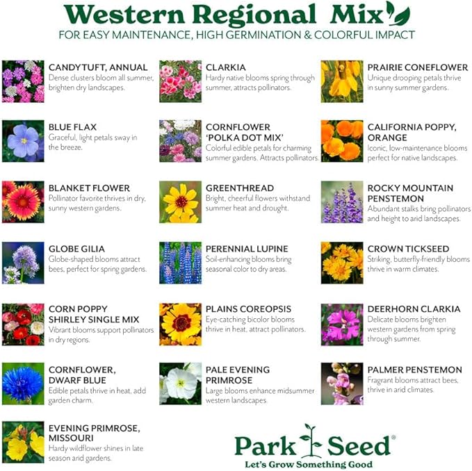 Park Seed Grow Your Own Vibrant Annual and Perennial Wildflower Garden Seeds Mixture, Easy to Grow Varieties for Pollinators and Spring Gardens - Western Regional Mix, 25 lbs