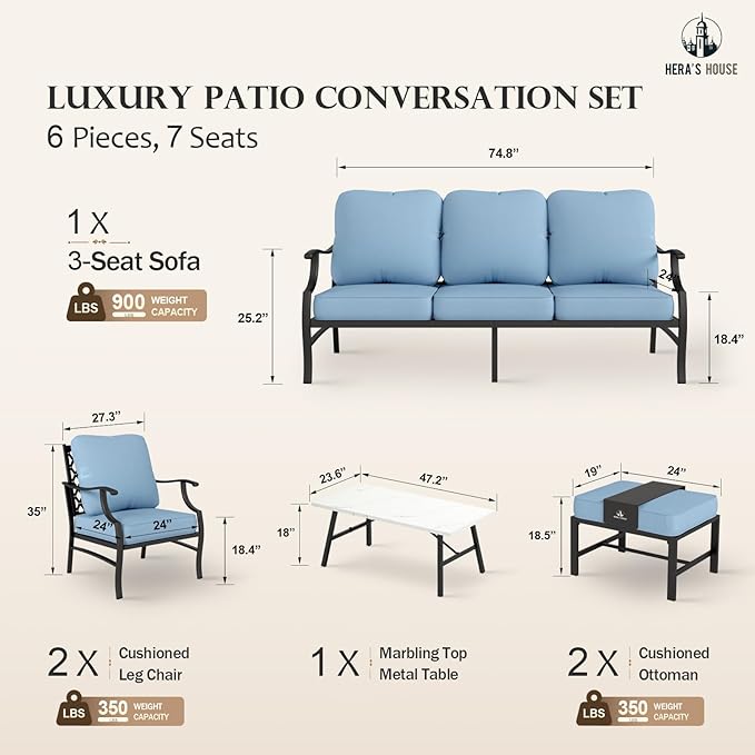 HERA'S HOUSE 6 Piece Patio Furniture Set, 2 x Metal Cushioned Chair, 2 x Cushioned Ottoman, 1 x 3-Seat Sofa with Marbling Coffee Table, Outdoor Conversation Set for Lawn Garden Backyard, Blue