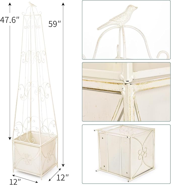Sungmor Garden Obelisk Trellis with Planter Box - 5ft Metal Climbing Plant Support Tower with Bird Finial - Decorative Outdoor Wrought Iron Trellis for Roses, Clematis, Vines, Ivy - Distressed White