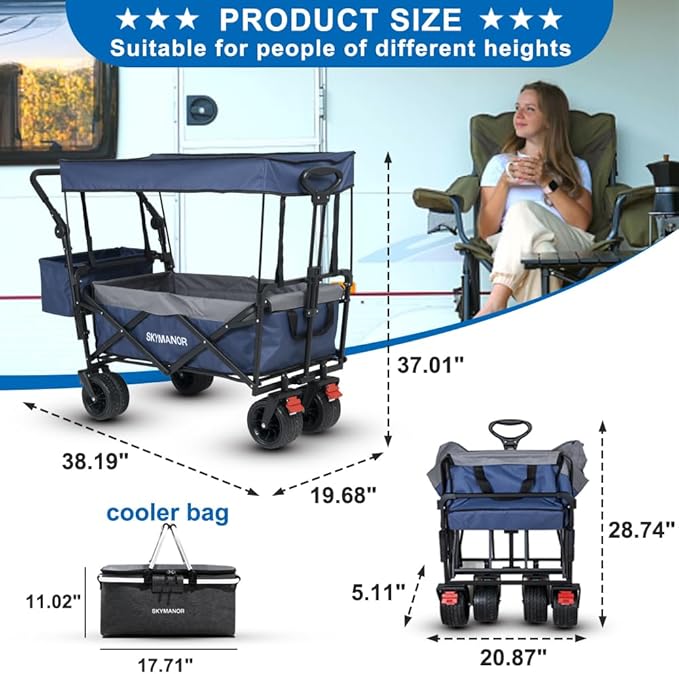 SKYMANOR Collapsible Wagon with Removable Canopy, 3-in-1 Heavy Duty Garden Cart with Big All-Terrain Wheels, Brakes, Adjustable Push Pull Handle, Cooler Bag, 300LBS Wagon Cart for Camping (Blue)