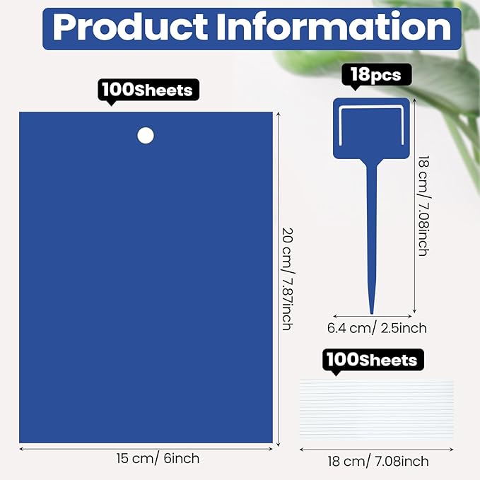 Qualirey 100 Pcs 6 x 8 Inch Sticky Traps for Gnats Dual Sided Fruit Fly Sticky Traps for Indoor and Outdoor Plant with Twist Ties and Plastic Holders for Flying Plant Insect, Fungus Gnats (Blue)