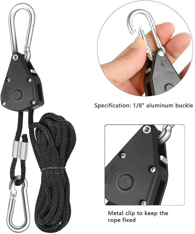 8 Pairs 1/8" Heavy Duty Ratchet Hangers, Adjustable Rope Hangers, Grow Light Rope Hangers for Grow Plant Fan Filter Light Room Equipment, 150 LB Capacity per Pair
