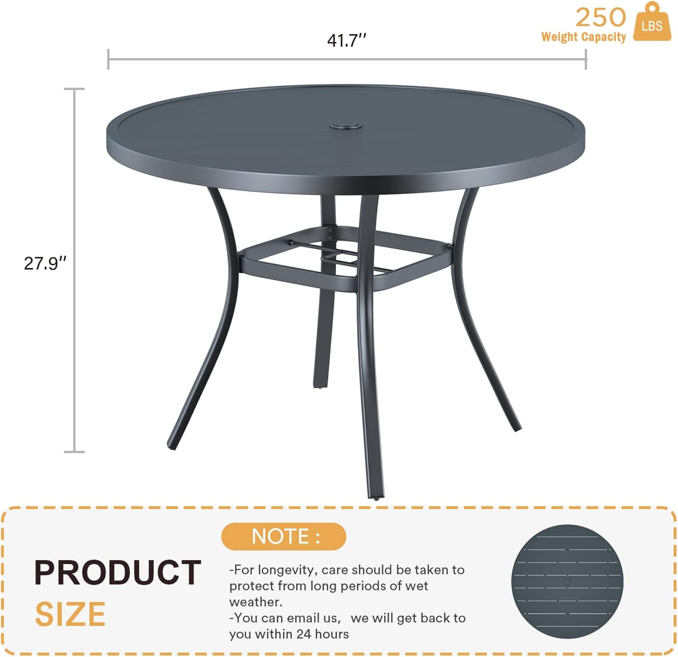 VICLLAX 41.2"x 28" Outdoor Round Patio Table for Lawn Garden, All Weather Metal Round Patio Dining Table with Adjustable Umbrella Hole, Patio Table for 4 Person, Grey Tabletop