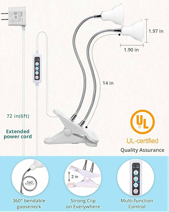 DOMMIA Grow Lights, Grow Lights for Indoor Plants Full Spectrum, Gooseneck Dual Head Clip-on LED Plant Light with 6/12/16h Timer, Multi-Spectrum, Dimmable