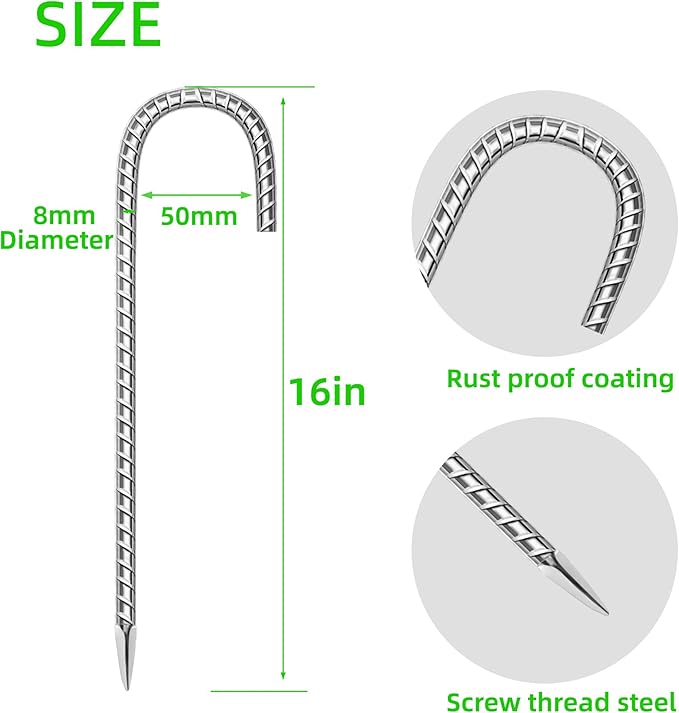 27 Pack Ground Garden Rebar Stakes Rebar 16 Inch Anti-Rust Galvanized Steel J Shape Hook Heavy Duty Ground Anchors for Tents, Position Kits,Fences, and Trampolines Landscape Fabric