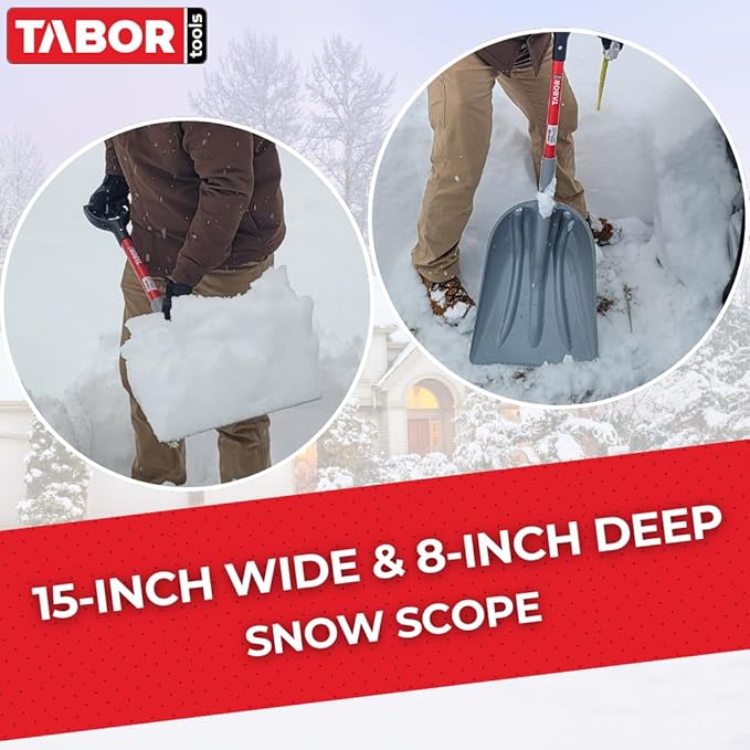 TABOR TOOLS Snow Scoop with Fiberglass Handle, 15 Inch Wide Blade, Large Snow Shovel and Mulch Scoop with Comfortable D Grip Handle. J218A. (Snow Scoop, Short 26 Inch Handle)
