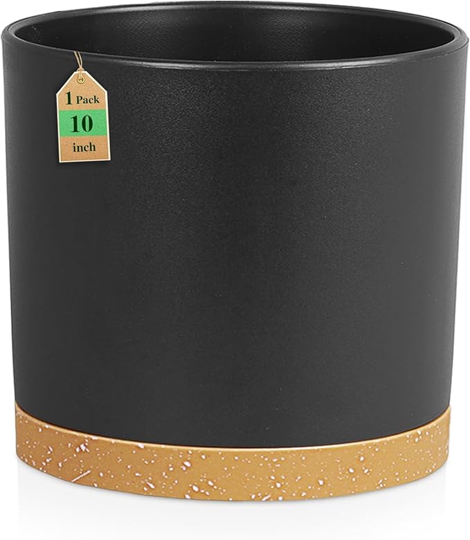 10 Inch Large Deep Plant Pots for Indoor Outdoor, Tall Cylinder Flower Pots with Drainage Holes & Saucer, Big Plastic Planter Pots for Garden House Plants, Black with Brown