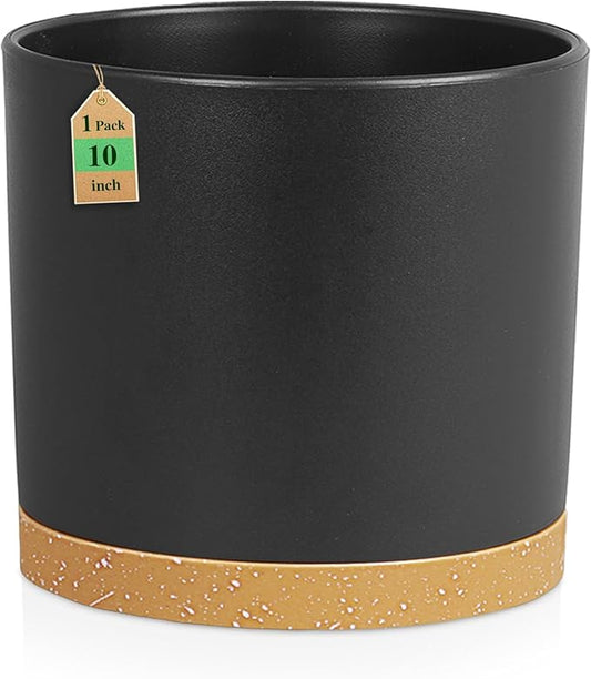 10 Inch Large Deep Plant Pots for Indoor Outdoor, Tall Cylinder Flower Pots with Drainage Holes & Saucer, Big Plastic Planter Pots for Garden House Plants, Black with Brown