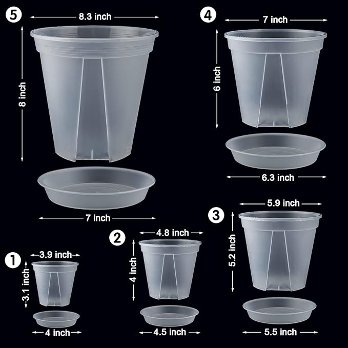 GREENPARA Transparent Plastic Garden Pots Planter with Saucer 4/5 /6/7 /8 inch Plant Pot Nursery Pots Drainage Hole for House Plants, Herb, Flowers, and Cactus with 10pcs Plant Labels, 5-Set