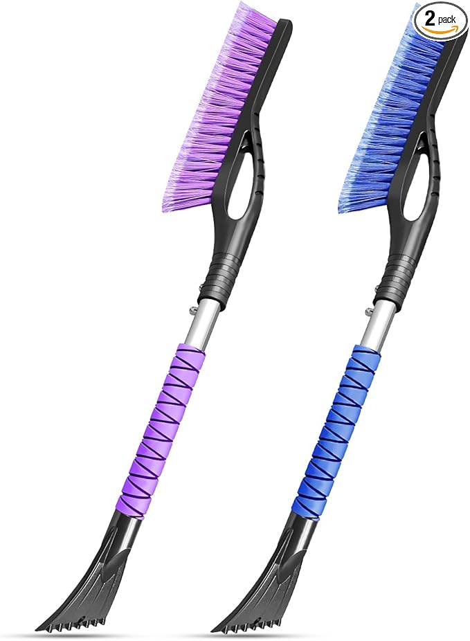 HEEYA 2 Pack 27 Inch Ice Scraper and Brush for Car, Snow Brush and Ice Scraper with Foam Grip, Detachable Snow Scraper for SUV Truck Jeep Vehicle Auto Windshield Window - Purple & Blue