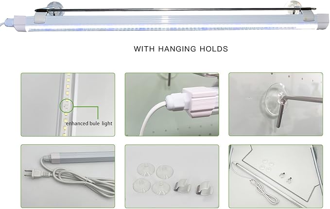 2FT Suction Cup Style Plant Grow Light,12W, LED Grow Lamp Fixture on Wall, Seed Starter kit, 6500K Cool White, Enhanced Blue Light, Height Adjustable, Herbs Growing lamp, IP54