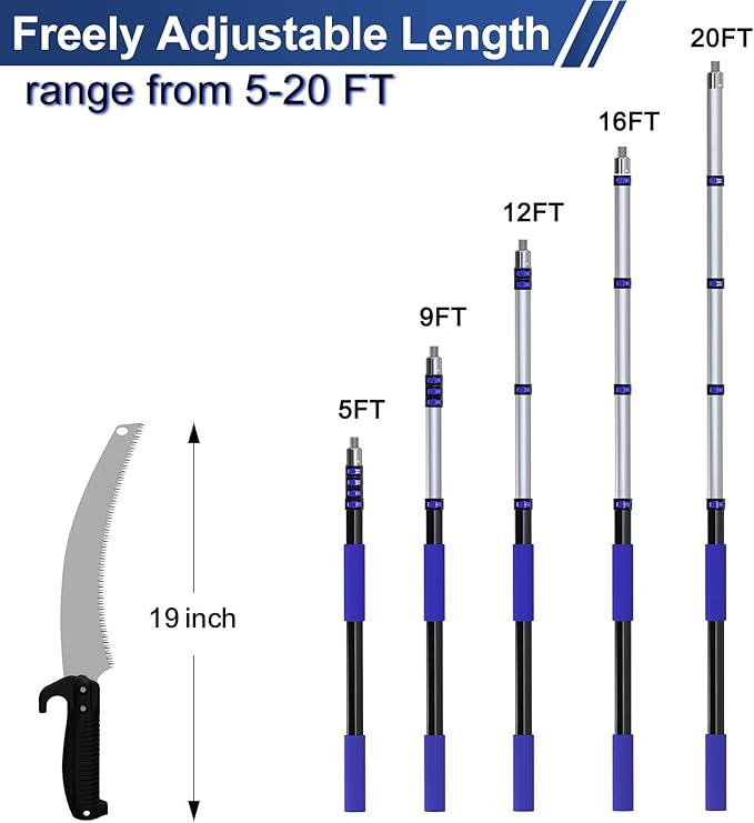 26FT Pole Saw, Telescoping Tree Trimmer with 5-20FT Extension Pole, Manual Branches Pruner for Backyard, Blue