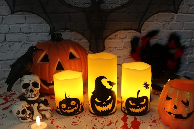 Eldnacele Halloween Flameless Candles, LED Flickering Battery Pillar Candles with 6H Timer and Pumpkin Decals, Spooky Fall Halloween Festival Party Decoration Set of 3 (D 3” x H 4” 5” 6”)
