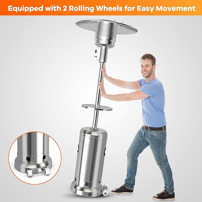 Giantex Outdoor Propane Heater, 48000 BTU Standing Gas Heater w/Shelf Tabletop & Wheels, Tip-Over Protection & Auto Shut Off, CSA Certified, Portable Patio Heater for Home & Commercial Use (Silver)