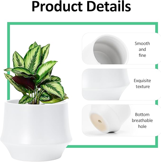 OXART Ceramic Plant Pots, 10/7.5/5.1 inch Planters Pots for Plants with Drainage Holes, Set of 3 Modern Round Decor Flower Pot for Plants Lilies, Cacti, Succulents, Snakes, and Pothos (White)