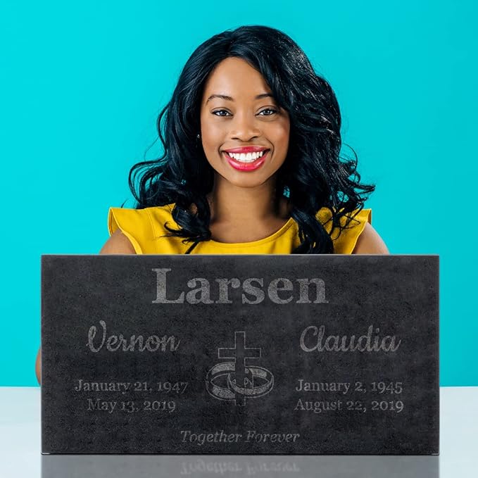 PlaqueMaker Black Granite Memorial Headstone for Two Lost Loved - Great for Your Garden, Tree Dedication, or in a Cemetery. Includes Your Text and Select Clipart (24 x 12 x 2)