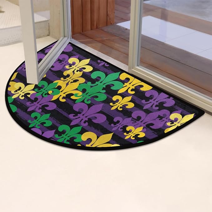 cfpolar Mardi Gras Half Round Door Mat, French Fleur De Lis Semicircle Doormat, Non Slip Soft Area Rug for Front Door Indoor Entrance Wear Resistant Welcome Mat, Blue, Gold, 24 x 36 in