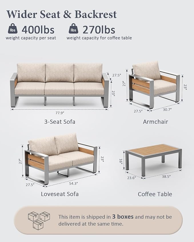 ZANDOR Outside Aluminum Lawn Furniture - 1 Pcs Loveseat, All-Weather Metal Modern Outdoor Loveseat Sofa with Washable Thick Cushion for Garden/Backyard/Porch, Silver