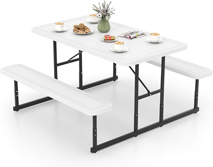 Tangkula Picnic Table, HDPE Outdoor Rectangular Table Bench Set with 2 Built-in Benches, Umbrella Hole, Metal Frame for 4 Person, Garden Yard Patio Lawn