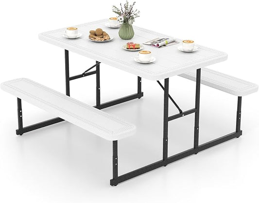 Tangkula Picnic Table, HDPE Outdoor Rectangular Table Bench Set with 2 Built-in Benches, Umbrella Hole, Metal Frame for 4 Person, Garden Yard Patio Lawn